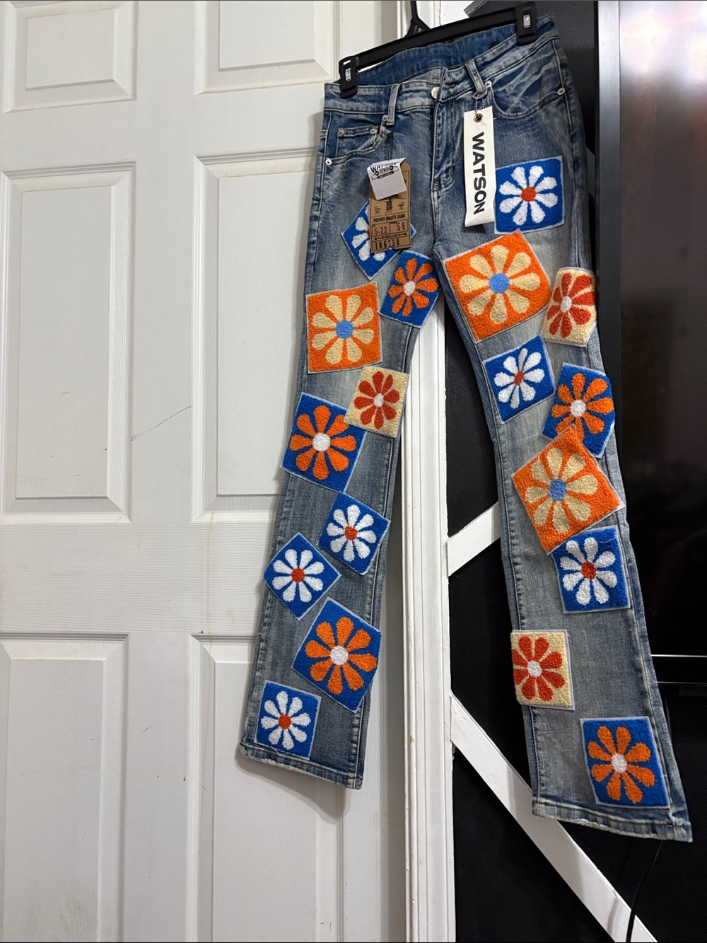 Watson Women's Blue Wide-Leg Jeans with Colorful Floral Patchwork